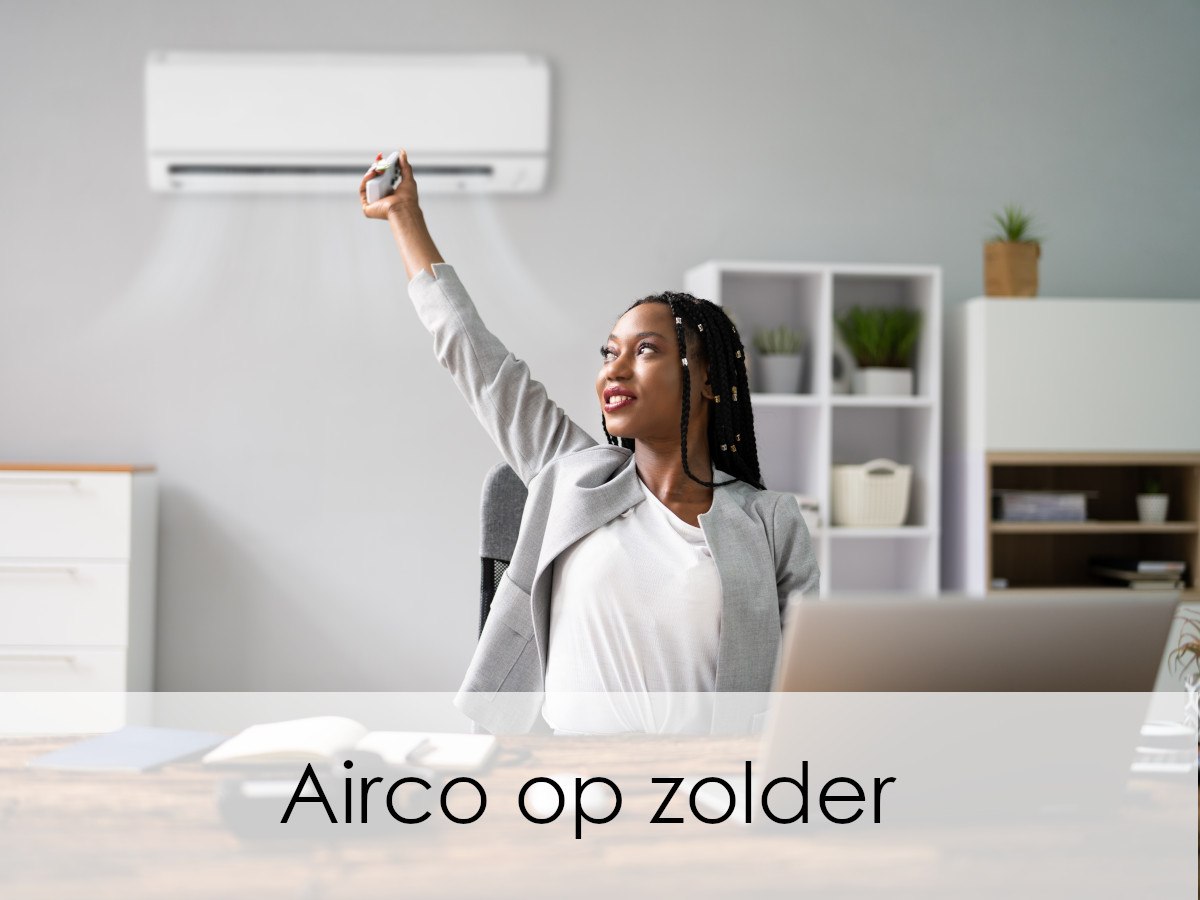 vrouw met thuiskantoor op zolder zet airco aan