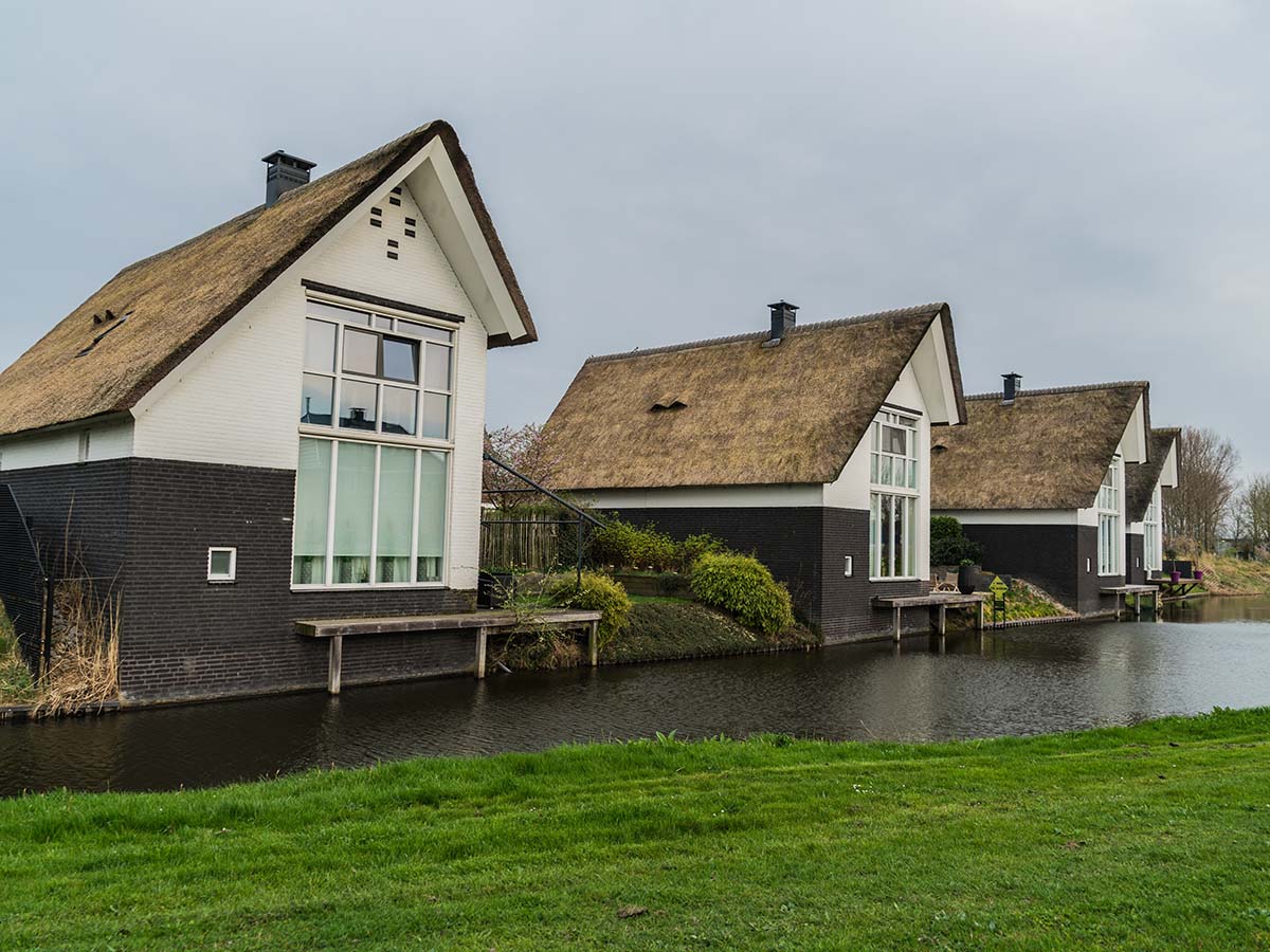 een modern huis met een rieten dak